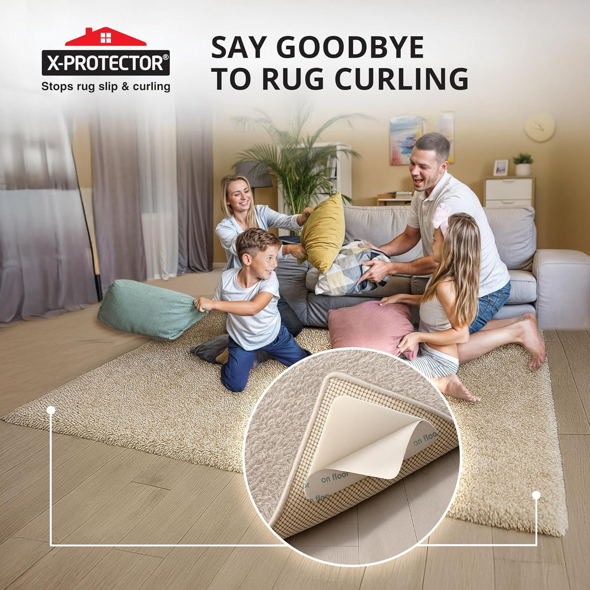 X-Protector Rug Tape - 12 Pcs Set - White Anti-Slip & Anti-Curling Carpet Tape for Hard Floors - Premium Rug Pad Gripper - Ideal Carpet Corner Grippers to Keep Your Carpet in Place & Make Corners Flat