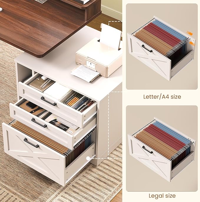 SEDETA Farmhouse Electric Standing Desk, 55" Height Adjustable Computer Desk with 3 Drawers, File Cabinet, Storage Shelves, Power Outlets, Wood Home Office Desk for Work, Study, Writing, White
