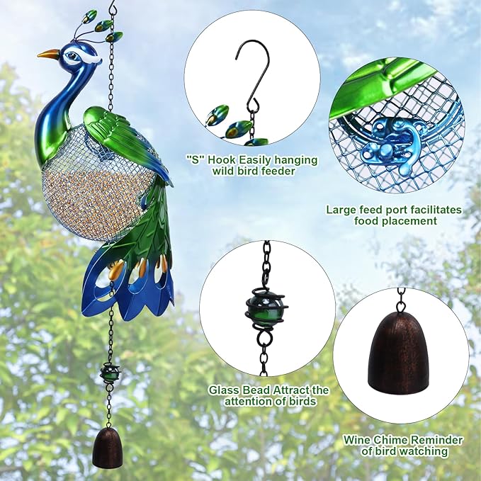 Yinns Bird Feeders - Squirrel Proof Wild Bird Feeder for Outside, Peacock Shaped Birdfeeders, Metal Hanging Bird Feeder for Garden Patio Yard Decor