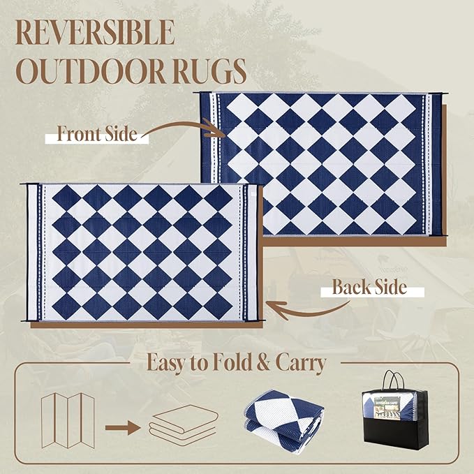 OMERAI Reversible Waterproof Outdoor Rug for Backyard,Plastic Textured Resistant Outdoors Rugs,Portable Washable Easy Cleaning Foldable Camping Beach Carpet for Patio Courtyard, 8'x10' Blue & White