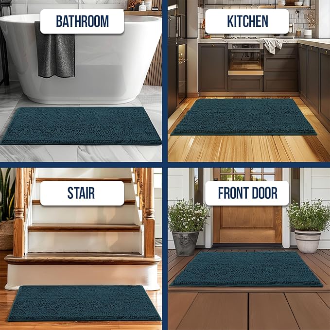 Muddy Mat Chenille Bathroom Rugs Quick Dry Microfiber Mats Non Slip Washable, Extra Thick, Soft and Highly Absorbent Bath Mats for Bathroom, Kitchen, and Shower Floor - Atlantic Blue Large 35"X24"