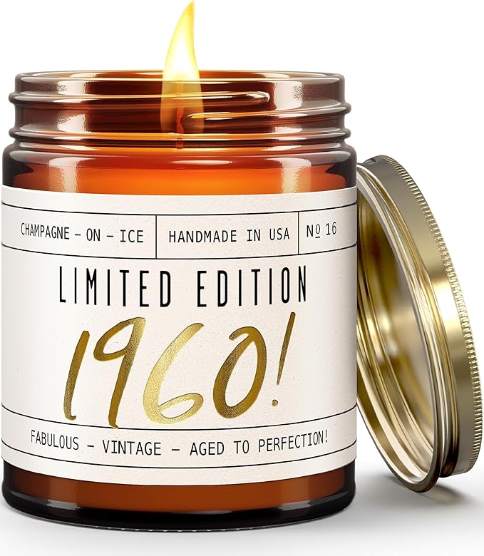 65th Birthday Gifts for Women - 'Limited Edition 1960' Soy Candle, w/Champagne on Ice I 65 Birthday Gifts for Women I 65th Gift for Her Ideas I 9oz Reusable Jar, 50Hr Burn, Made in USA