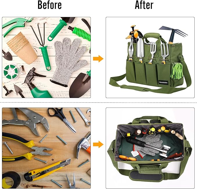 Housolution Garden Tote Bag, 900D Standable Gardening Tool Bag, Garden Tote Storage Bag with Pockets & Long Adjustable Shoulder Strap, Home Tools Organizer Garden Tool Kit Holder, 14 Inch