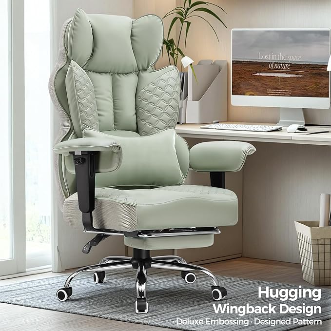 COMHOMA Big and Tall Office Chair Wide Ergonomic Gaming Chair with Deluxe Embossing Designed Leather with Foot Rest,150°Reclining Adjustable Armrests Pocket Spring Back Support and Pillow