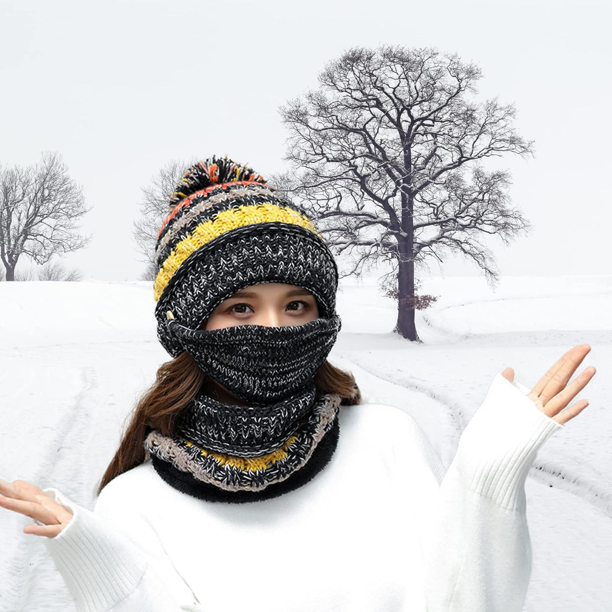 Ypser Women's Winter Warm Knitted Crochet Hat Fleece Lined Cable Faux Fur Pom Pom Beanie Hat Skull Cap