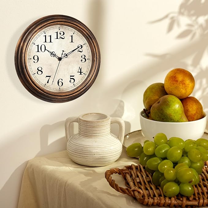Wall Clock - 12 Inch Vintage Battery Operated - Retro Silent Non Ticking -