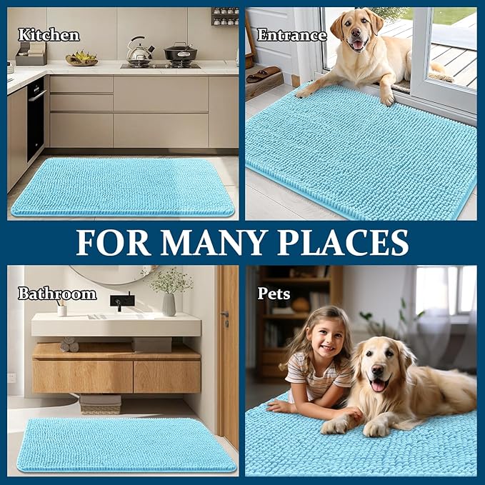 OLANLY Dog Door Mat for Muddy Paws 70x24, Absorbs Moisture and Dirt, Absorbent Non-Slip Washable Doormat, Quick Dry Chenille Mud Mat for Dogs, Entry Indoor Entryway Carpet for Inside Floor, Blue