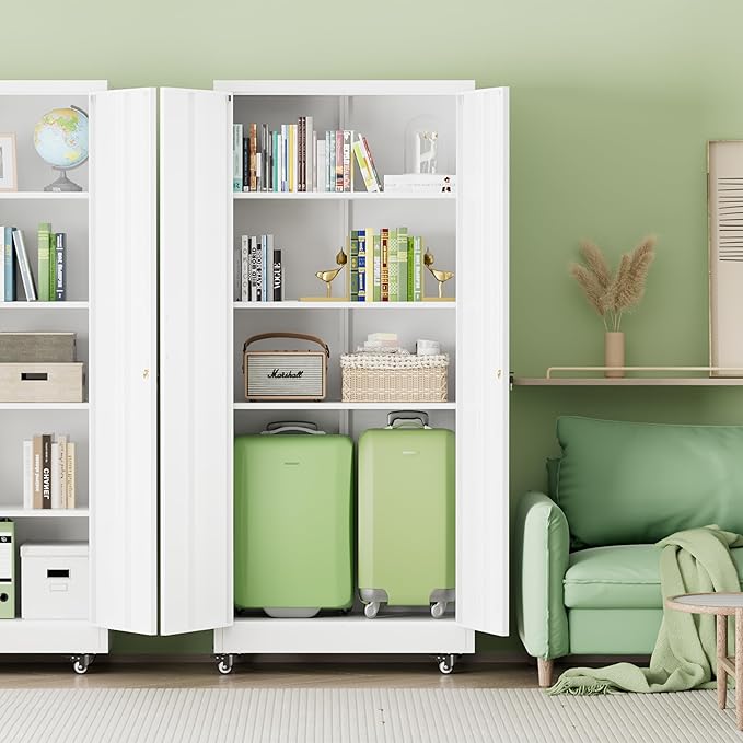 INTERGREAT Metal Storage Cabinet with Wheels, 73" H Rolling Metal Cabinets with Doors and Shelves, White Steel Lockable Cabinet on Wheels for Garage Storage