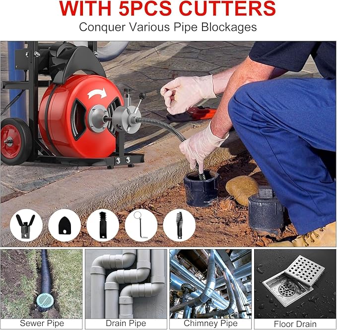 100Ft 3/4 Inch Drain Cleaning Machine. Sewer Snake 750w Auto Feed with 6 Cutter, Portable Drain Cleaning Machine Electric Drain Auger Sewer Auger Air-Activated Foot Switch for 4" to 8" Pipes