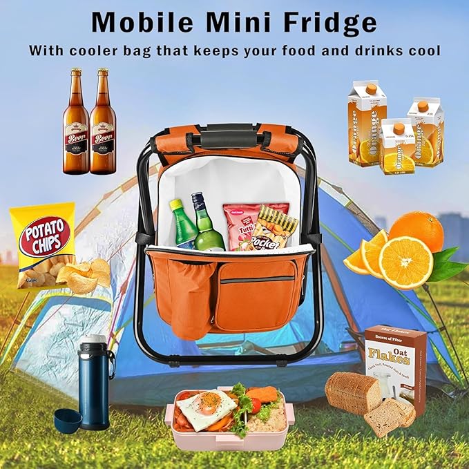 Kikerike Backpack Stool Cooler Chair Heavy Duty 300 LBS Max Load Portable Lightweight Stool Backpack Folding Fishing Cooler Seat for Camping Hunting Fishing - Orange