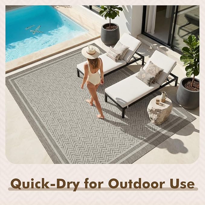 MontVoo-Outdoor Rug-Patio Rug 5x7 Polypropylene Indoor Outdoor Rugs Outdoor Carpet for Patio Deck Balcony Porch, Textured Weave, Durable for High Traffic, Fade-Resistant, Boho Farmhouse Silver Grey