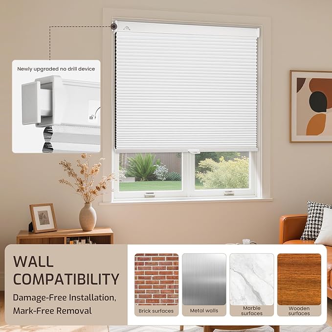 Grandekor No Drill No Tools Cordless Cellular Shades, 29.5" W x 64" H, UV