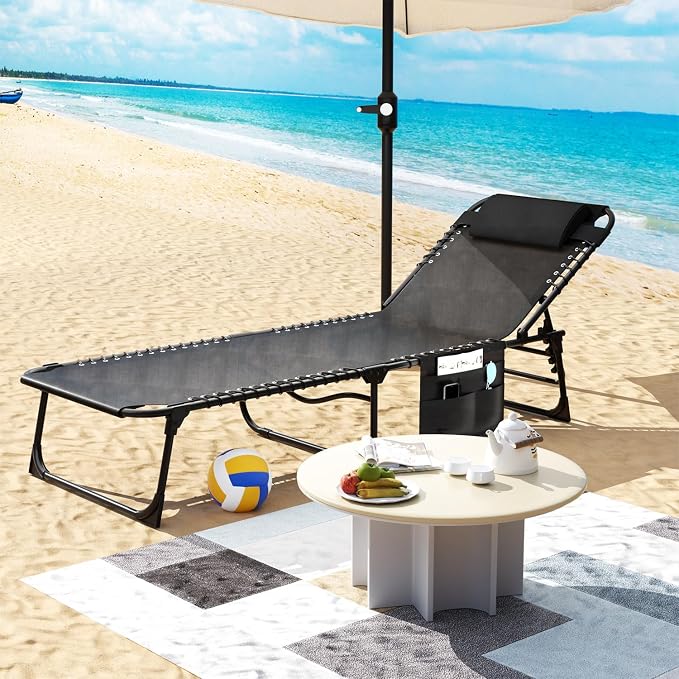 EBE Folding Lounge Chair, Outdoor Adjustable Chaise Lounge Chair, Portable Tanning Chaise with Detachable Pillow and Side Pocket, Reclining Chairs for Pool Beach Patio Sunbathing, Black