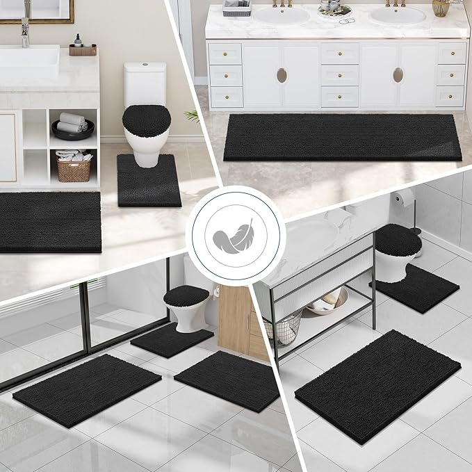 Smiry Luxury Chenille Bathroom Rugs 47x20, Extra Soft and Absorbent Shaggy Bath Mat, Machine Washable, Non-Slip Plush Carpet Runner for Tub, Shower, and Floor, Home Decor Accessories, Black