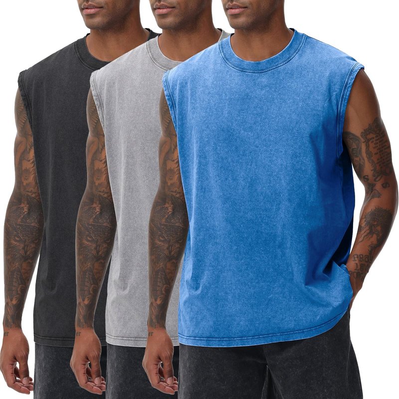 SnowElve 3 Pack Mens Workout Tank Tops Sleeveless Tee Shirts Men Muscle Shirt Gym Acid Wash T Shirts Running Beach Loose Fit Tee(BUGYBK,3XL)