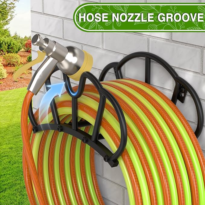 Qatsrin Super Stable Garden Hose Holder Wall Mount, Heavy Duty Water Hose holder Hanger Holds 125-Feet Hose, Metal Hose Storage Reel Rack Organizer for Outside Yard Lawn