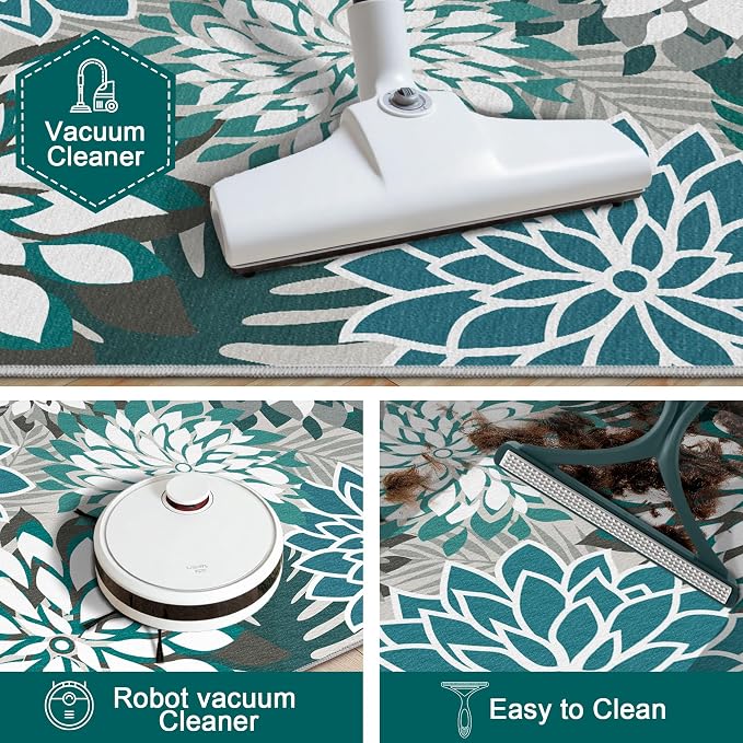 Colorful 9x12 Outdoor Area Rug Washable Multicolored Patio Rug Tropical Botanical Floral Chenille Waterproof Outdoor Carpet Non-Slip for Deck, Backyard, Porch, Teal
