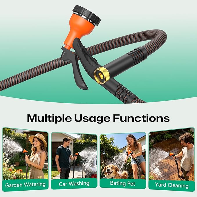 Garden Hose 75ft NON-EXPANDABLE Water Hose, 3-Layer Lightweight Nylon Braided Hose for Yard, Car Wash & Pet Shower, 600 PSI Heavy Duty Burst Kink-Free with 10-Way Nozzle & 3/4" Brass Fittings