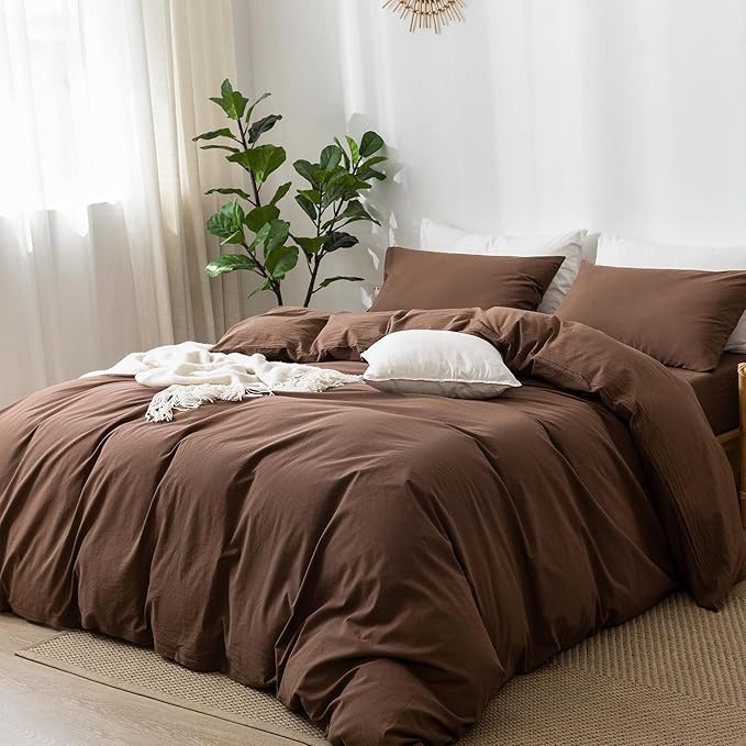 MooMee Bedding Duvet Cover Set 100% Washed Cotton Linen Like Textured Breathable Durable Soft Comfy (Solid Cocoa Brown, Twin 68"x90")