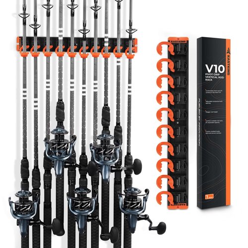KastKing V10 Pivot Grip Fishing Rod Holder–Adjustable, Space-Saving Wall-Mounted Rod Holder, 10 Polymer-Coated Steel Hooks, Expandable Storage System, Holds 10 Rod & Reel Combos, 1 Pack