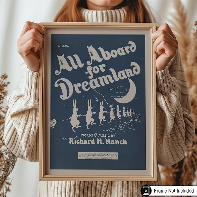 Poster Master All Aboard For Dreamland Poster - Retro Children's Lullaby Print - Story Book Art - Bunny Art - Rabbit Art - Aesthetic Art - Kid's Bedroom or Nursery Wall Decor - 8x10 UNFRAMED Wall Art