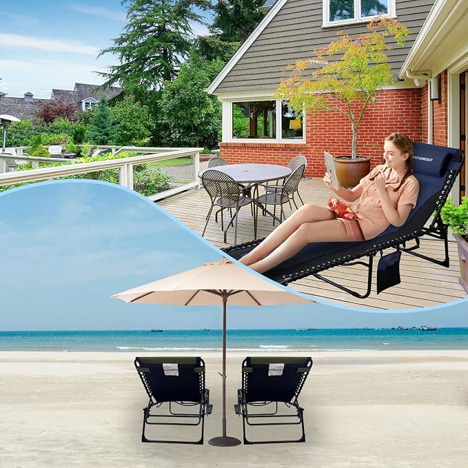 Oversized Padded Outdoor Folding Lounge Chair for Adults 330Ibs Patio Chaise Lounge Chair for Outside Adjustable 5-Position Reclining Beach Chair with Pillow Pocket