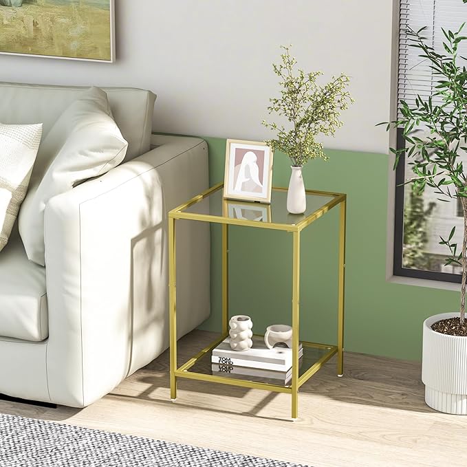 Side Tables Set of 2, End Table with Tempered Glass, 2-Tier Nightstands with Storage Shelves, Coffee Table with Modern Style, Square Sofa Table for Living Room, Bedroom, 15.7"D x 15.7"W, Gold