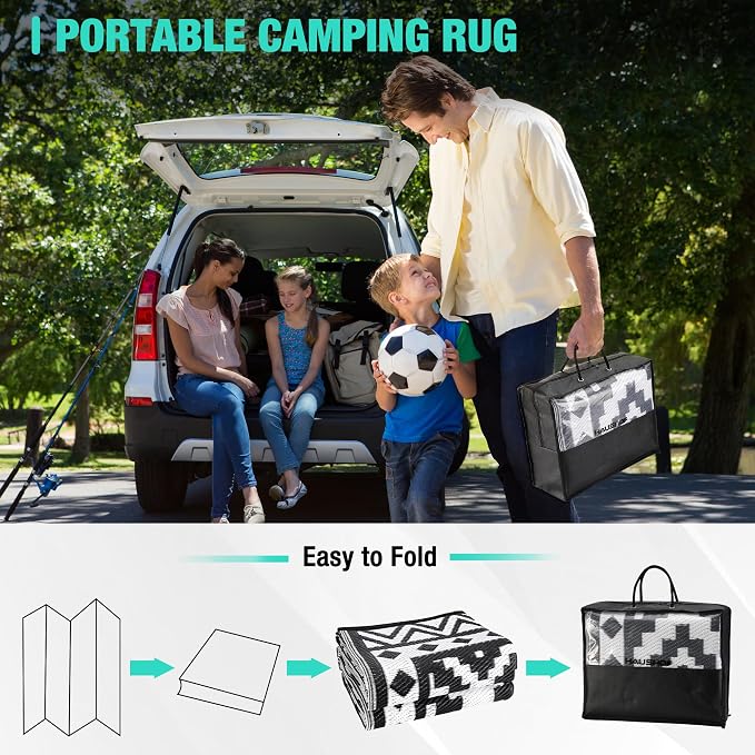 HAUSHOF 5'X8' Outdoor Rug Waterproof, Black&White | Camping, Beach, Deck, Porch, Balcony