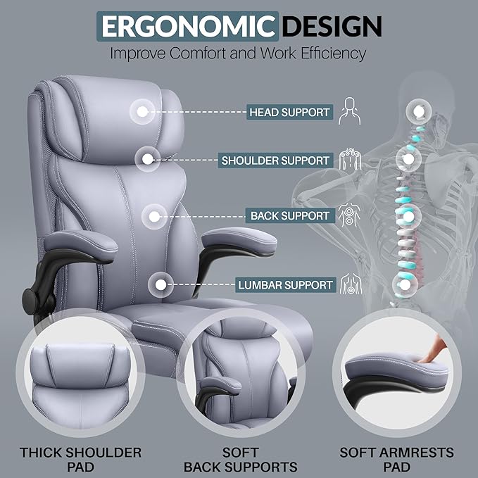 Office Chair, Leather Chair with Adjustable High Back Flip-up Armrests，Ergonomic Desk Chairs Big and Tall, Lumbar Support Swivel Computer Chair with Rocking Function