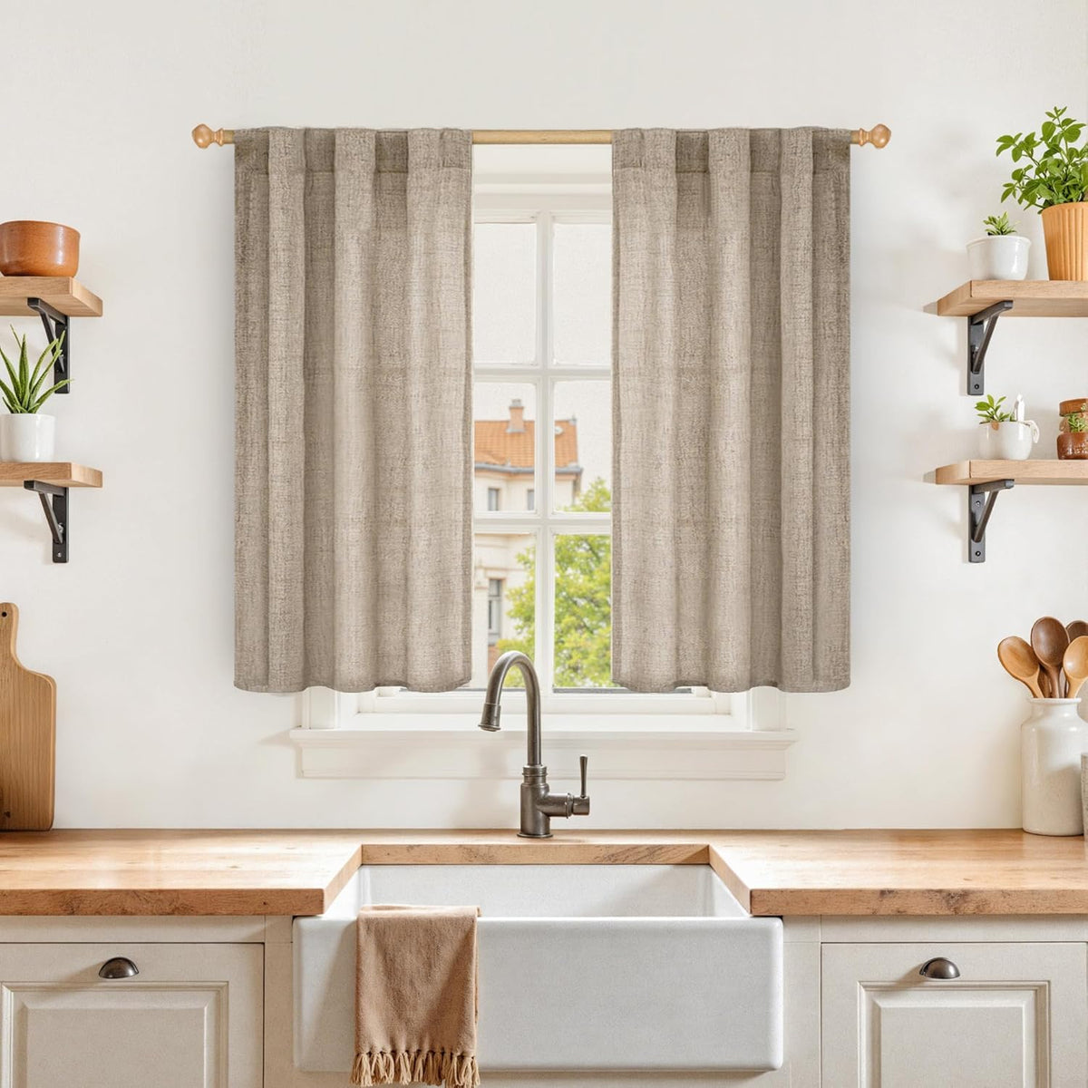 YoungsTex Short Linen Curtains 40 Inch Length for Kitchen Windows Over Sink, Small Drapes with Rod Pocket Back Tab Semi Sheer Light Filtering for Cafe Bathroom, 2 Panels, Oatmeal, 30 X 40 Inch
