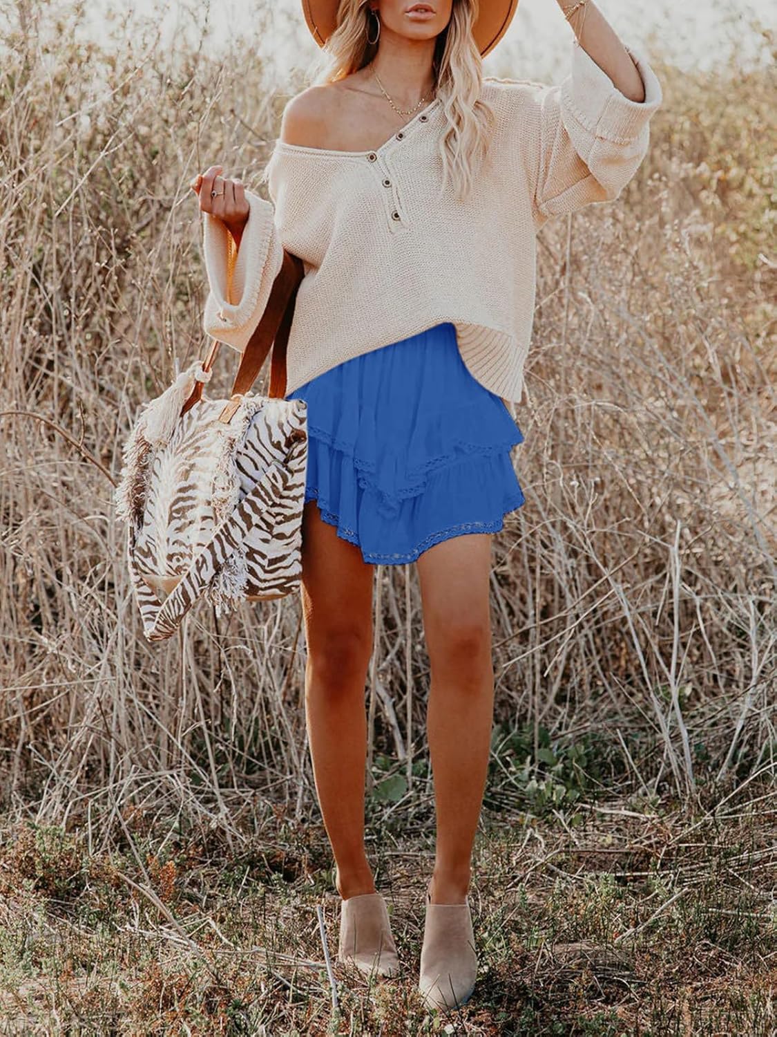 Aoudery Flowy Shorts - Women's Casual Boho Ruffle Tiered High Waist Mini Skorts | Perfect for Golf & Tennis