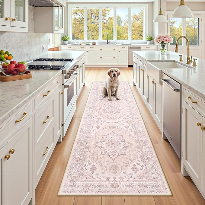 Area Rugs 2'x8' Runner Rug Non Slip Washable for Kitchen Hallway Bedroom Beside Laundry Room Bathroom Rug, Floor Carpet, Pink Greypink Cute