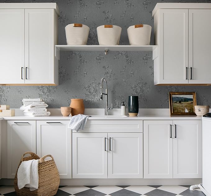 Erfoni 394"x17.7" Grey Floral Embossed Wallpaper