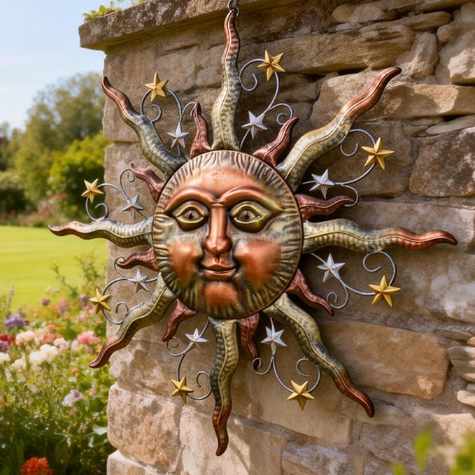 TERESA'S COLLECTIONS Sun Metal Wall Art for Outdoor Decor,25" Bronze Sun Face 3D Wall Decor for Garden Decor,Rustic Retro Hanging Sculpture for Outside Living Room Home Patio Farmhouse Gifts for Mom