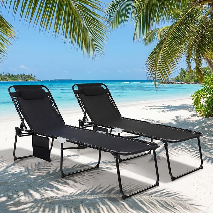 Goplus Chaise Lounge Chair, Folding 5-Postion Beach Lounge Chair with Detachable Pillow, Sunbathing Lounger, Adjustable Tanning Chair for Patio Lawn Pool Yard Outdoor