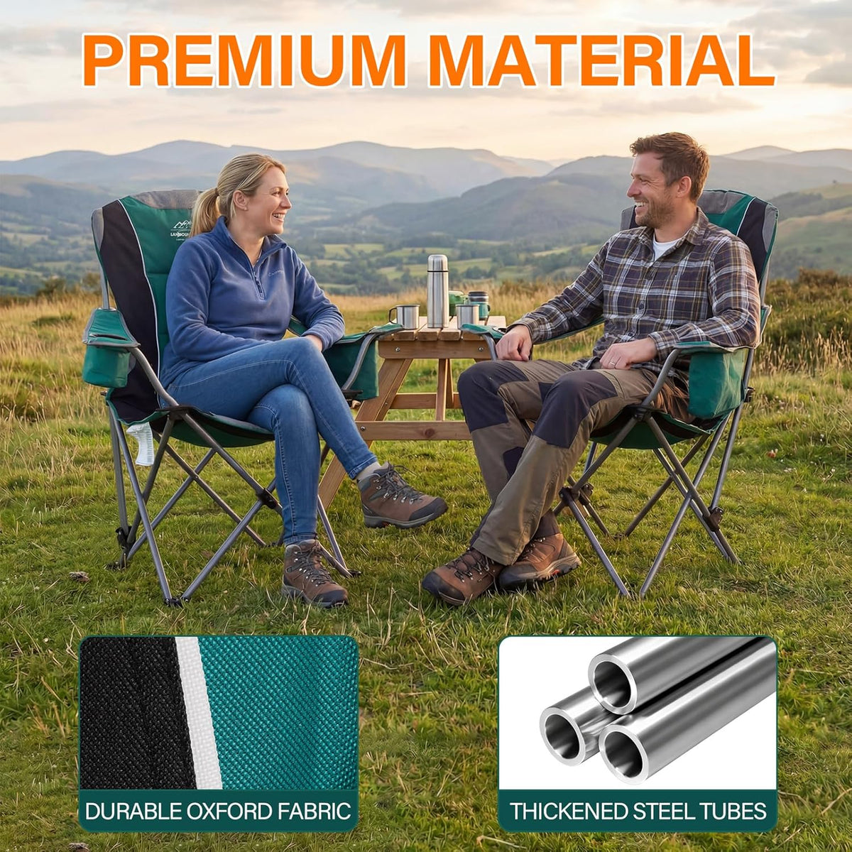 Skiennix Oversized Camping Chairs - Heavy Duty Folding Lawn Chairs with Adjustable Backrest & Cup Holders | Supports 400lbs