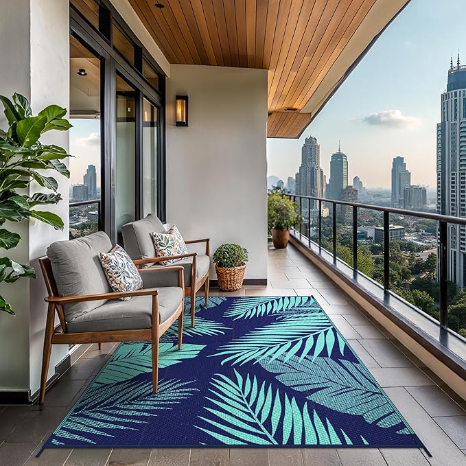 GENIMO Outdoor Rug 5' x 8' Waterproof for Patios Clearance, Reversible Outdoor Plastic Straw Camping Rug Carpet, Large Area Rugs Mats for RV, Camper, Deck, Balcony, Porch, Beach, Navy Blue&Jade Green