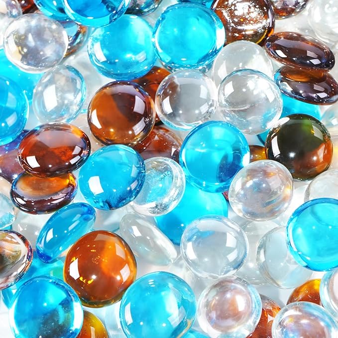 3/4 Inch Blended Fire Glass Beads,20LB Round Fire Glass Beads for Fire Pit Table, Fireplace and Fire Bowl (Caribbean Blue+Crystal Ice+Amber)