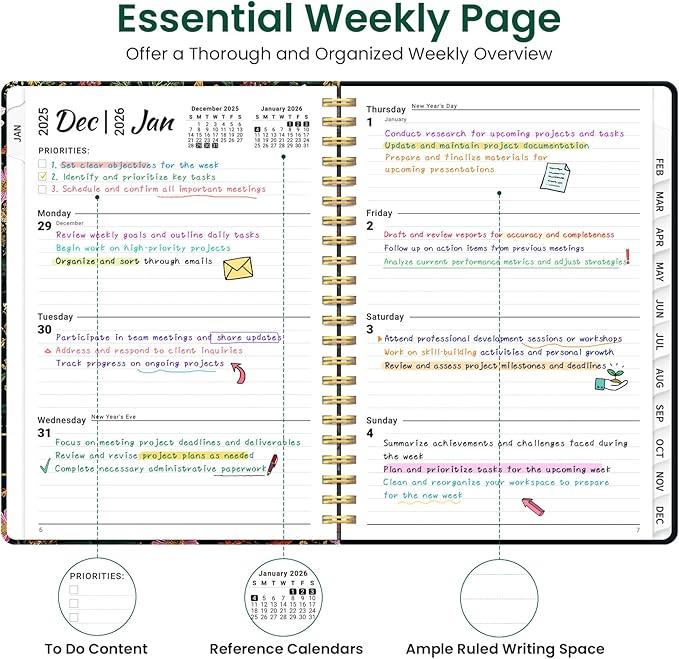 2026 Planner, Weekly and Monthly Planner for Women, Jan 2026 - Dec 2026 Pretty 2026 Calendar Planner with Monthly Tabs, Inner Pocket, Spiral Binding, Perfect for Office Home School - 6.3" x 8.5", Abundant Floral