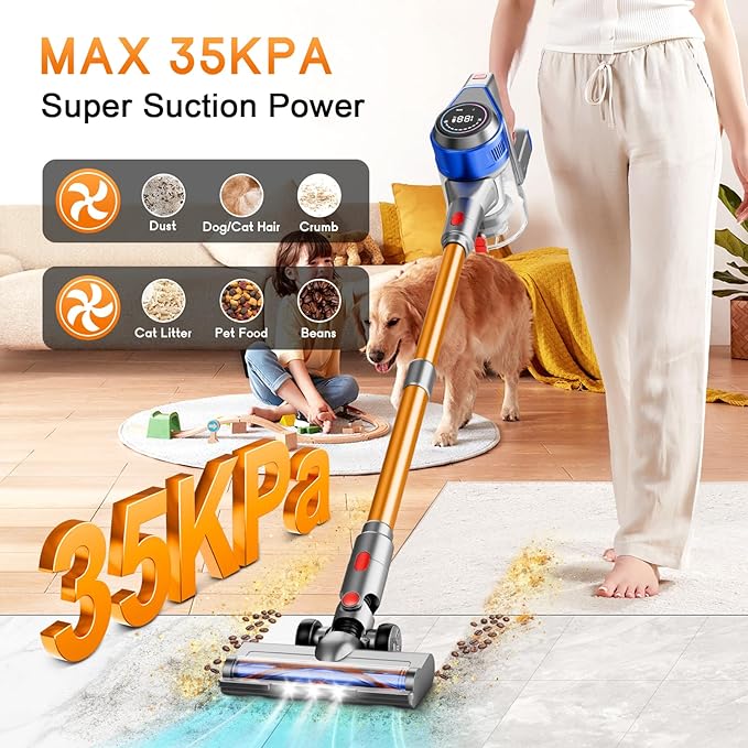 BSNAW Cordless Stick Vacuum Cleaner - Rechargeable, 35Kpa Powerful Vacuums with Detachable Battery, LED Display, 45Mins Runtime, 8 in 1 Handheld Vacuum for Hardfloor & Carpets Pet Hair, Blue-Y