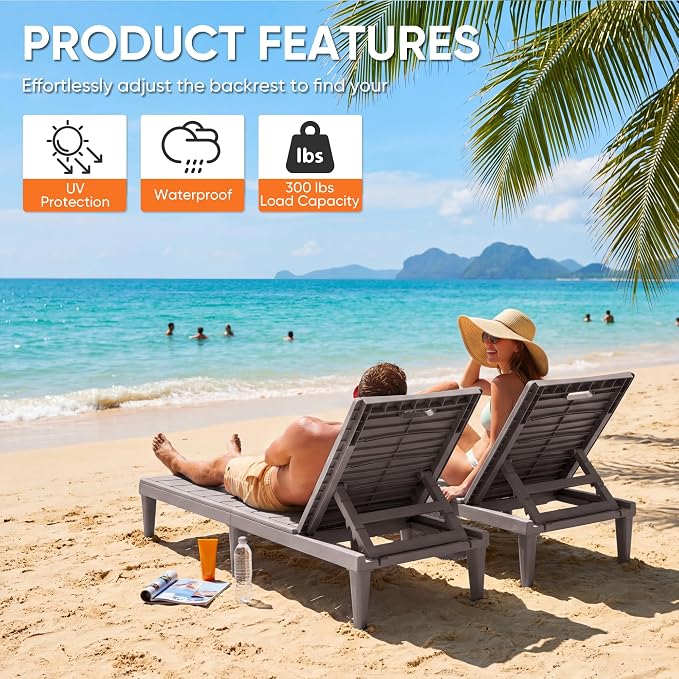Homall Patio Chaise Lounge Chairs Set of 2, Outdoor Lightweight Lounge Chairs, 5 Position Adjustments Backrest for Outside Pool, Garden, Patio and Beach, Light Brown