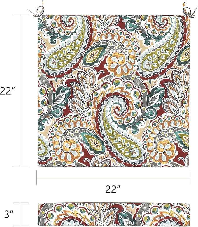 LVTXIII Outdoor Seat Cushions Set of 2 Square Chair Cushions with Ties, Patio Chair Pads for Home Office and Patio Garden Furniture Decoration 22"x22"x3", ‌Paisley Chilli