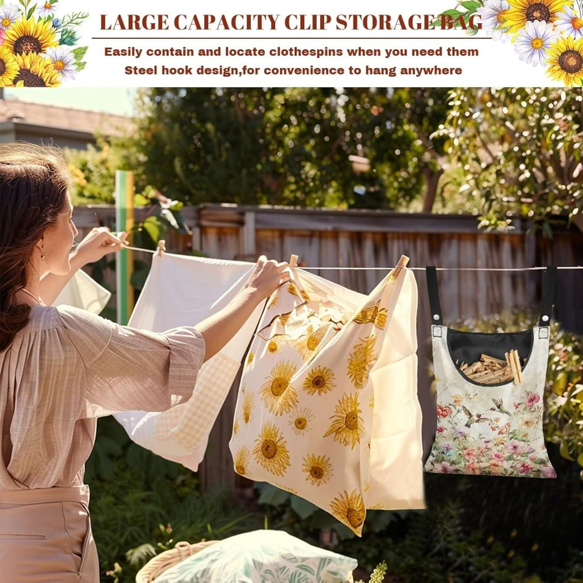 Hummingbird Pink Clothespin Bag, Large Clothes Pin Hanging Bag, Pin Bag with Large Opening for Clothes Lines Outside Yard Home Decoration