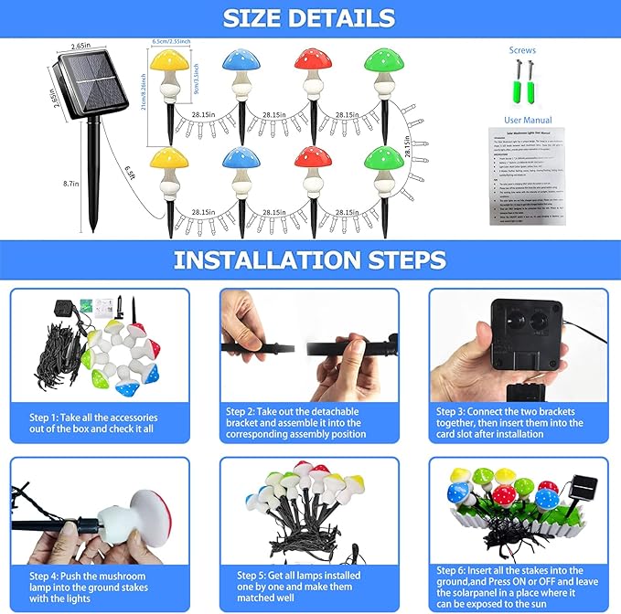 Upgraded Outdoor Solar Garden Lights, 8 Pack 50 LED Mushroom Outdoor 8 Modes 23ft Waterproof Solar Powered Landscape Cute Fairy String Light for Yard Patio Outside Decor（Multicolor）