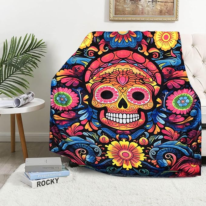 Firmiso Sugar Skull Gifts for Women and Men, Day of The Dead Blanket for Home Decor, Halloween Skull Lighweight Fleece for Bed Room and Living Room, 50x60 inches, No Pilling