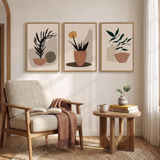 Framed Boho Botanical Canvas Wall Art Prints, Elegant Boho Plant Pictures