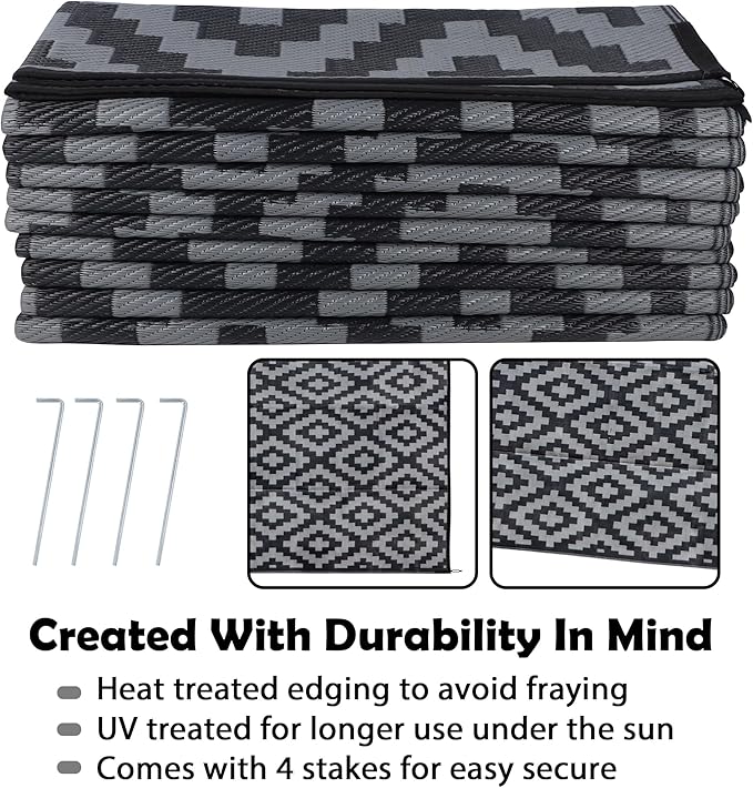 SAND MINE Waterproof Outdoor Rug 10x20 ft, Plastic Reversible Rug, Modern Area Rug, Large Floor Mat for Outdoors, RV, Patio, Backyard, Deck, Picnic, Beach, Camping, Black & Grey