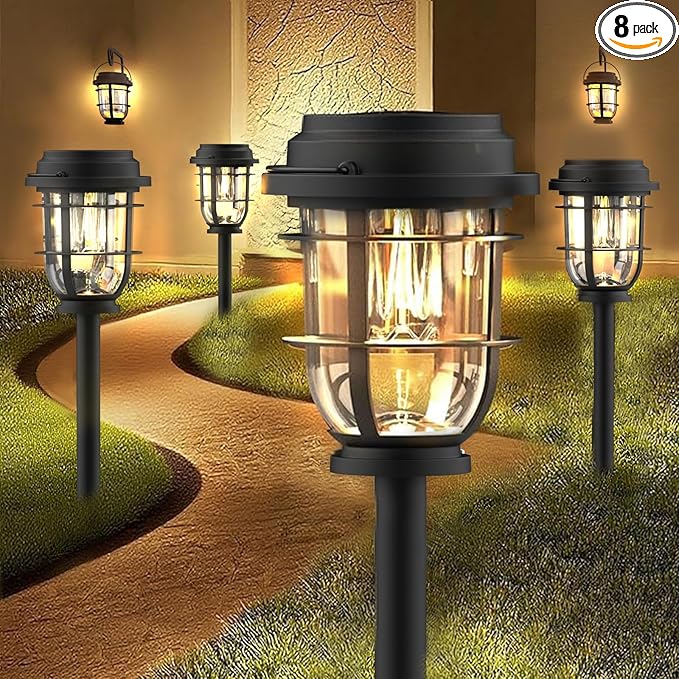 Vuees Bright Solar Pathway Lights Outdoor, 8 Pack Waterproof IP65, Auto On/Off Solar Powered Garden Lights for Yard Lawn Walkway Landscape Pool Outside - 3-in-1 Hanging, Tabletop & Stake Lighting