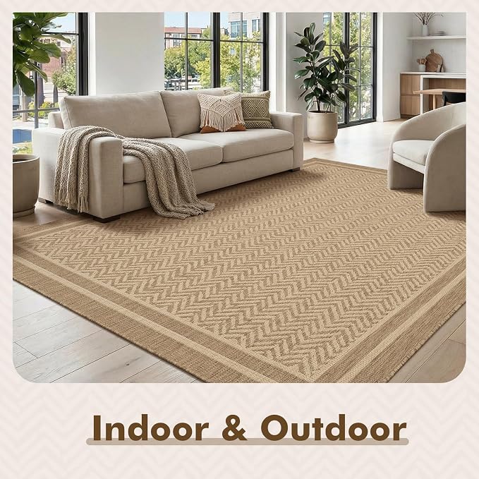 MontVoo-Outdoor Rug-Patio Rug 8x10 Polypropylene Indoor Outdoor Rug Outdoor Carpet for Patio Deck Balcony Porch, Textured Weave, Durable for High Traffic, Fade-Resistant, Boho Farmhouse Neutral Brown