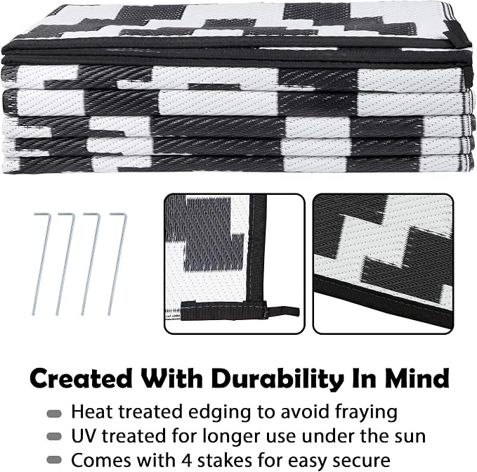 SAND MINE Waterproof Outdoor Rug 9x12 ft, Plastic Reversible Rug, Modern Area Rug, Large Floor Mat for Outdoors, RV, Patio, Backyard, Deck, Picnic, Beach, Camping (9' x 12', Black & White Lattice)